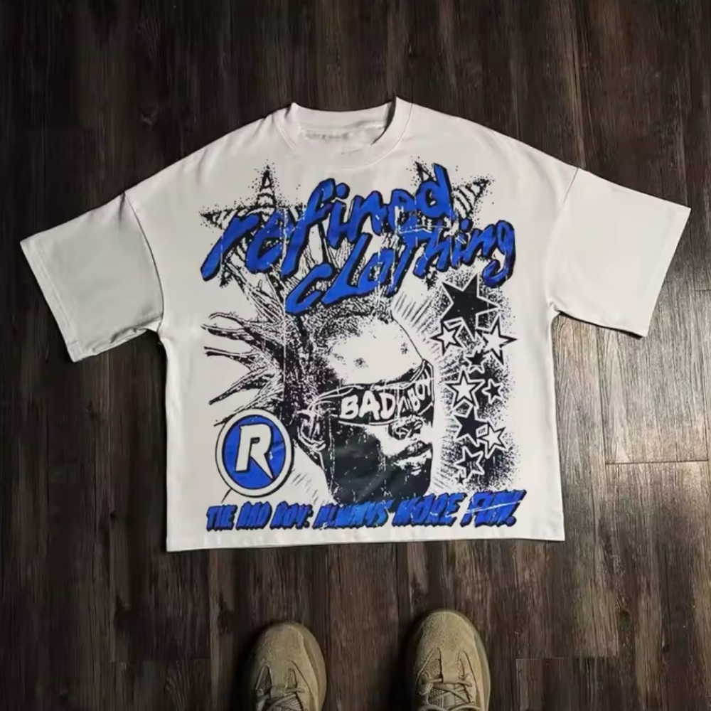 White Graphic T-Shirt with Blue Accents